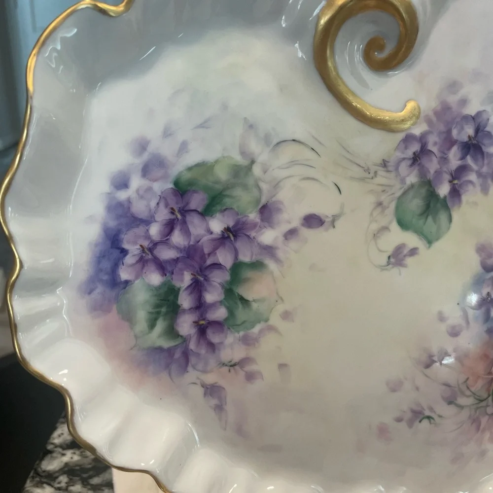 Art Nouveau 14in Hand Painted Vanity Plate Hydrangea Flowers W/gold Trim # G893W